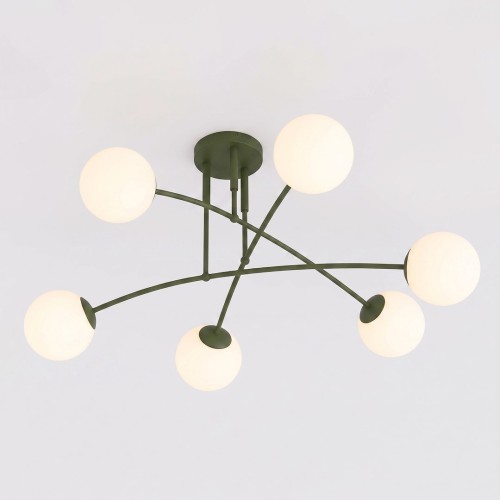 Plafon PREGOS 6 OLIVE GREEN – oliwkowa oprawa i mleczne klosze